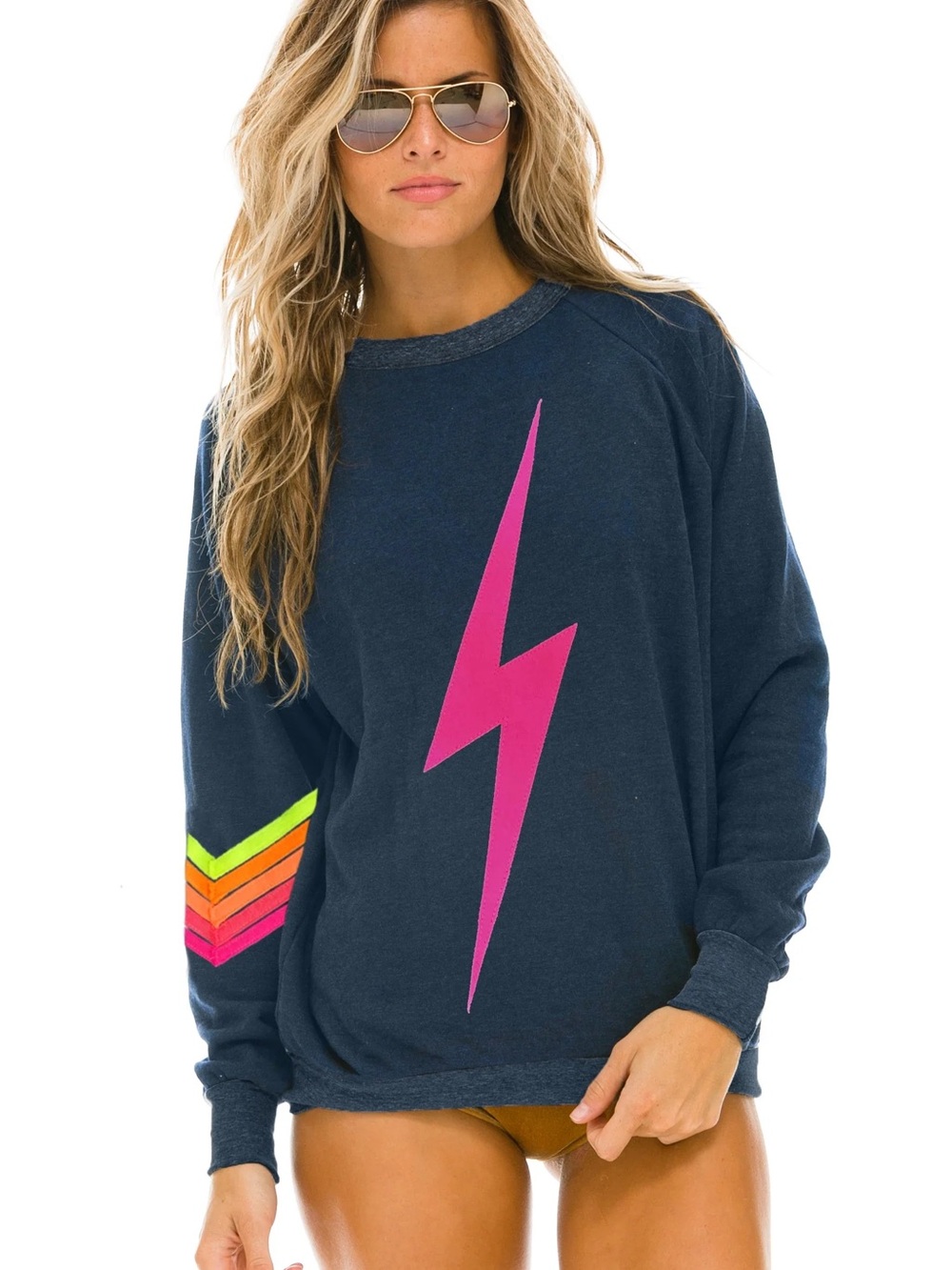 Aviator Nation Navy Sweatshirt with Pink Lightning and Neon Chevron Sleeve